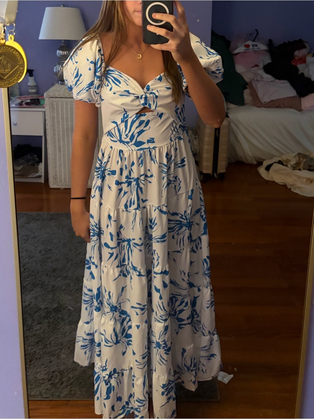 White & Blue Floral Maxi Dress with Tie Front